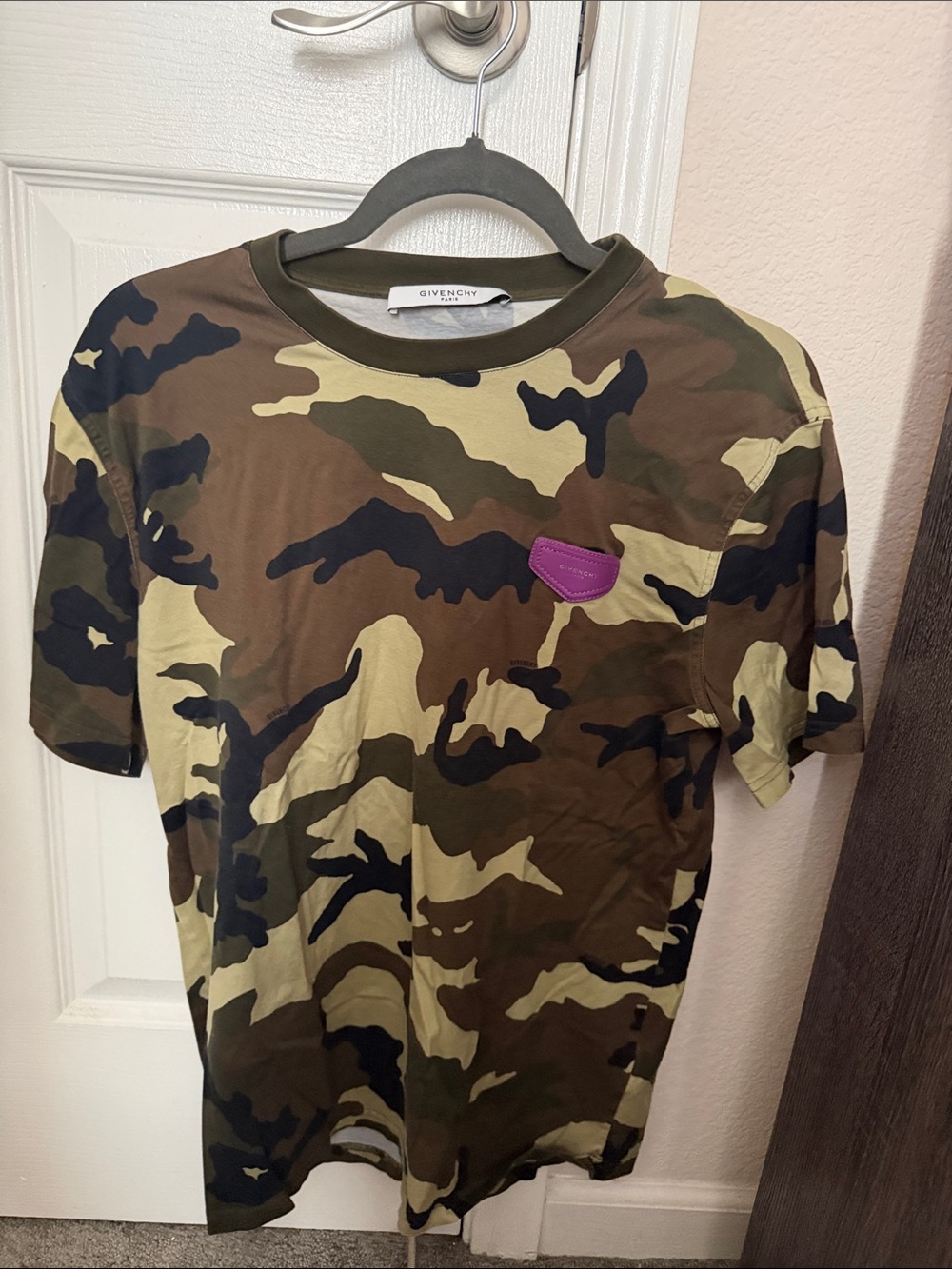 Givenchy Green and Brown Camo Tee with Purple Logo Patch